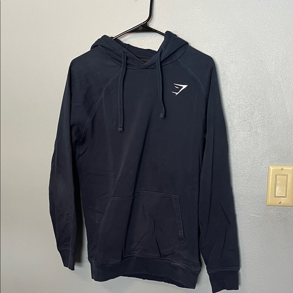 Gymshark Men's Dark Blue Pullover Hoodie with White Logo